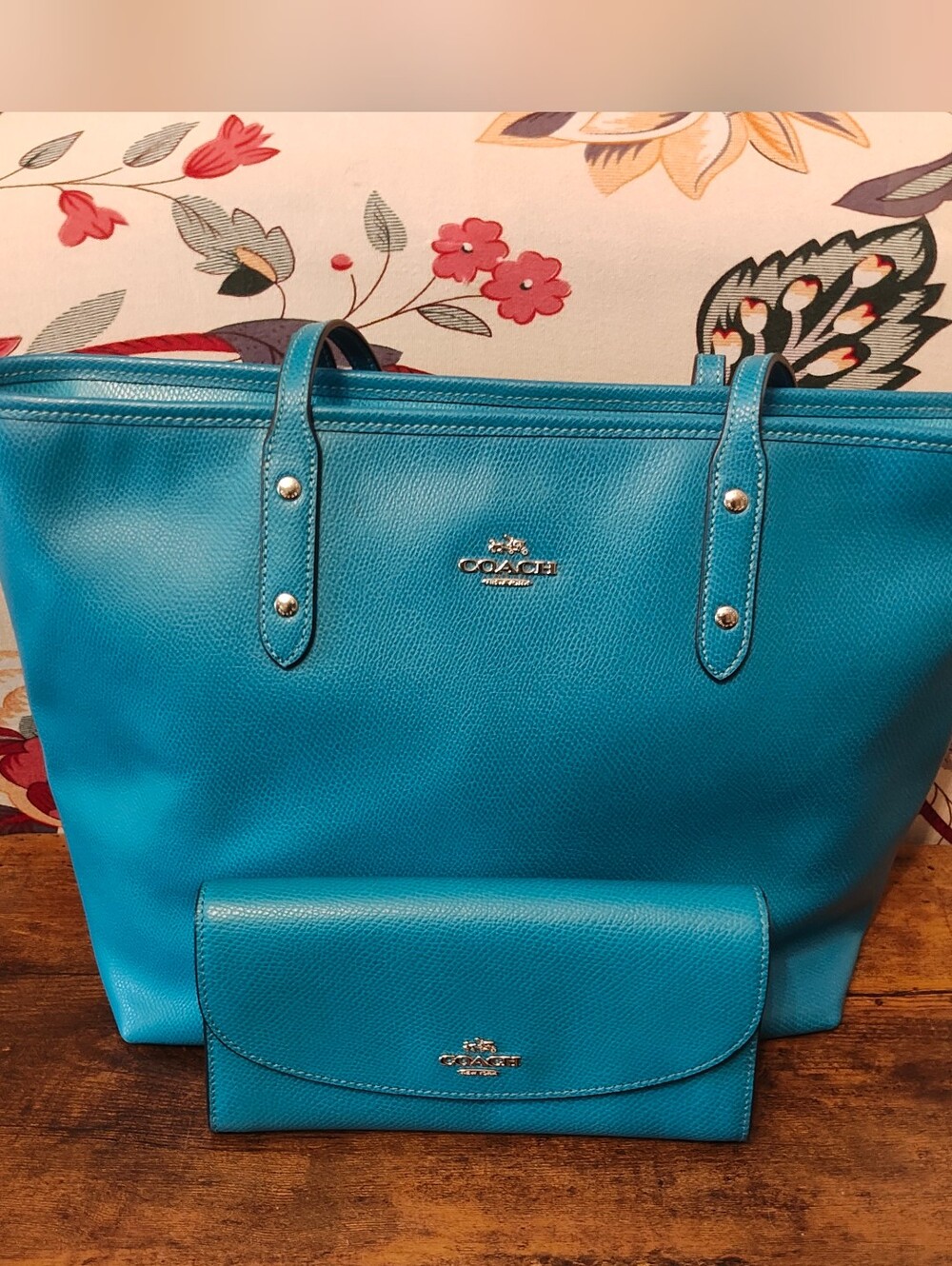 Coach Teal Blue Leather Tote with Matching Wallet